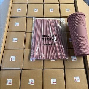 Reusable Pink Tumbler with Straws